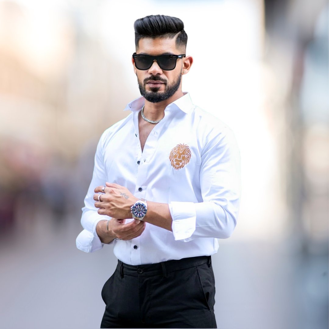 Embroidered Satin Long Sleeve Casual Men's Shirt - White