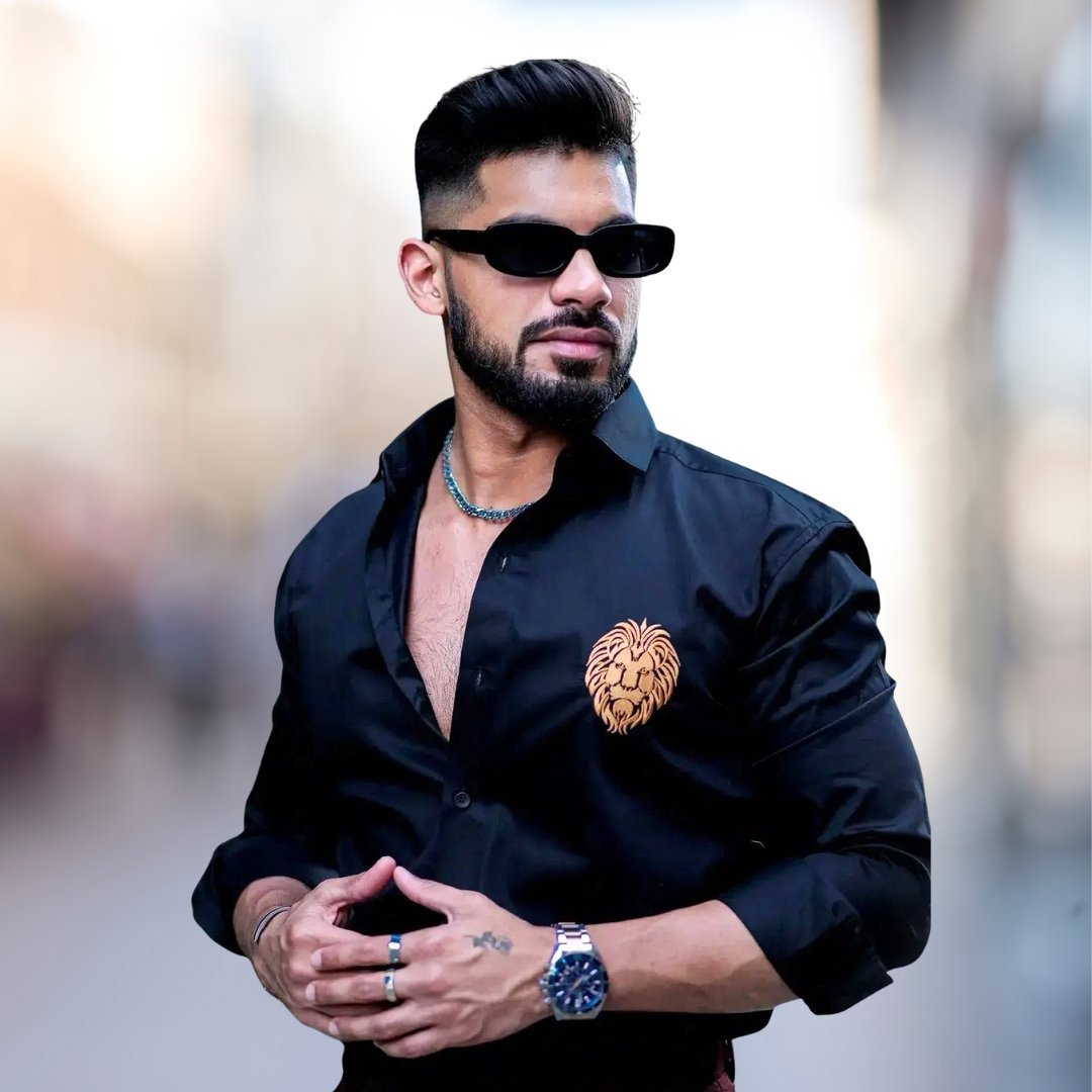 Embroidered Satin Men's Casual Long Sleeve Shirt - Black